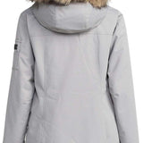 Roxy Women's Meade Insulated Jacket - A light gray jacket with a fur-lined hood and two zippered pockets on either side.