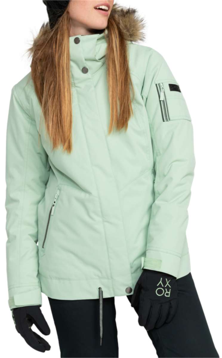 Roxy Women's Meade Insulated Jacket 2024 - A mint green jacket with a fur-lined hood and silver snap buttons down the front.