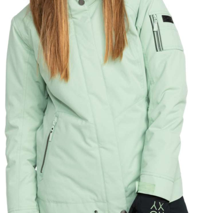 Roxy Women's Meade Insulated Jacket 2024 - A mint green jacket with a fur-lined hood and silver snap buttons down the front.