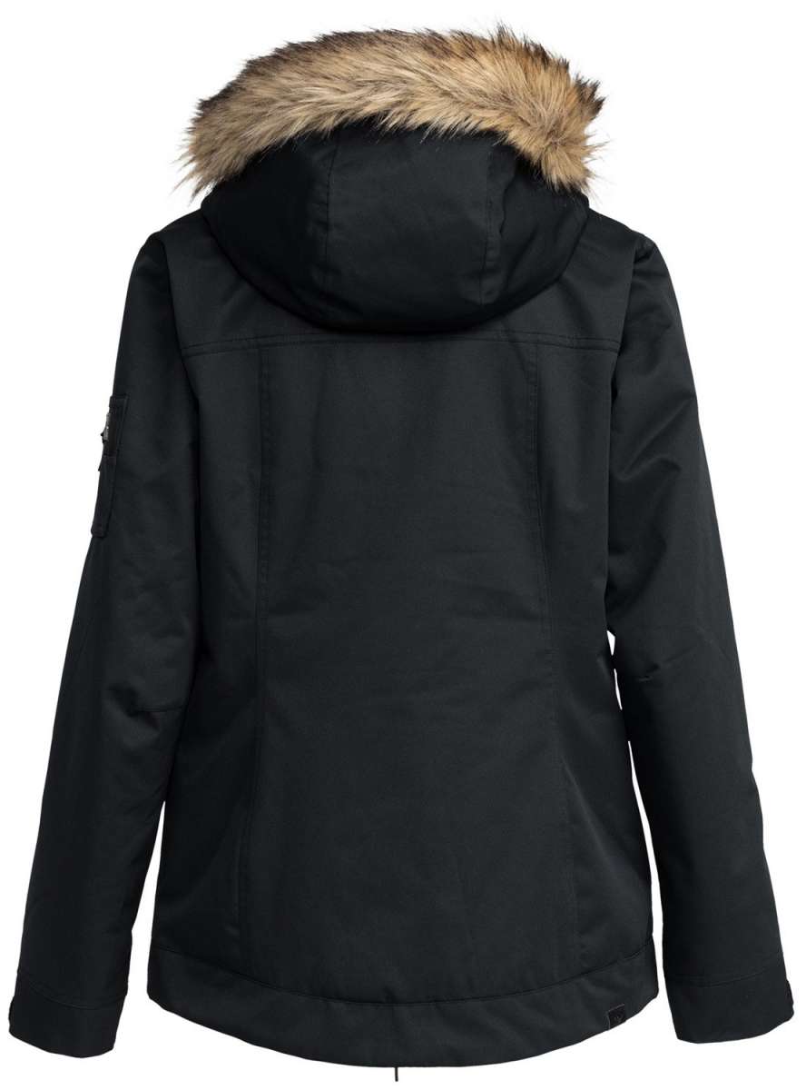 Roxy Women's Meade Insulated Jacket 2024 - A black insulated jacket with a fur-lined hood and zippered pockets.