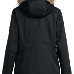 Roxy Women's Meade Insulated Jacket 2024 - A black insulated jacket with a fur-lined hood and zippered pockets.