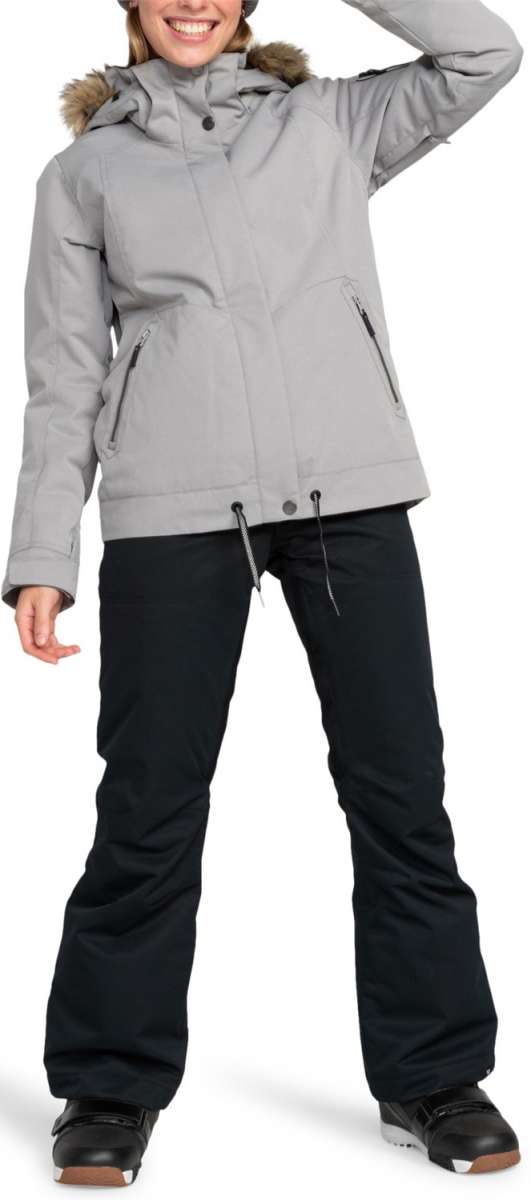 Roxy Women's Meade Insulated Jacket - A light gray jacket with a fur-lined hood and two zippered pockets on either side of the waist.
