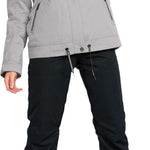 Roxy Women's Meade Insulated Jacket - A light gray jacket with a fur-lined hood and two zippered pockets on either side of the waist.
