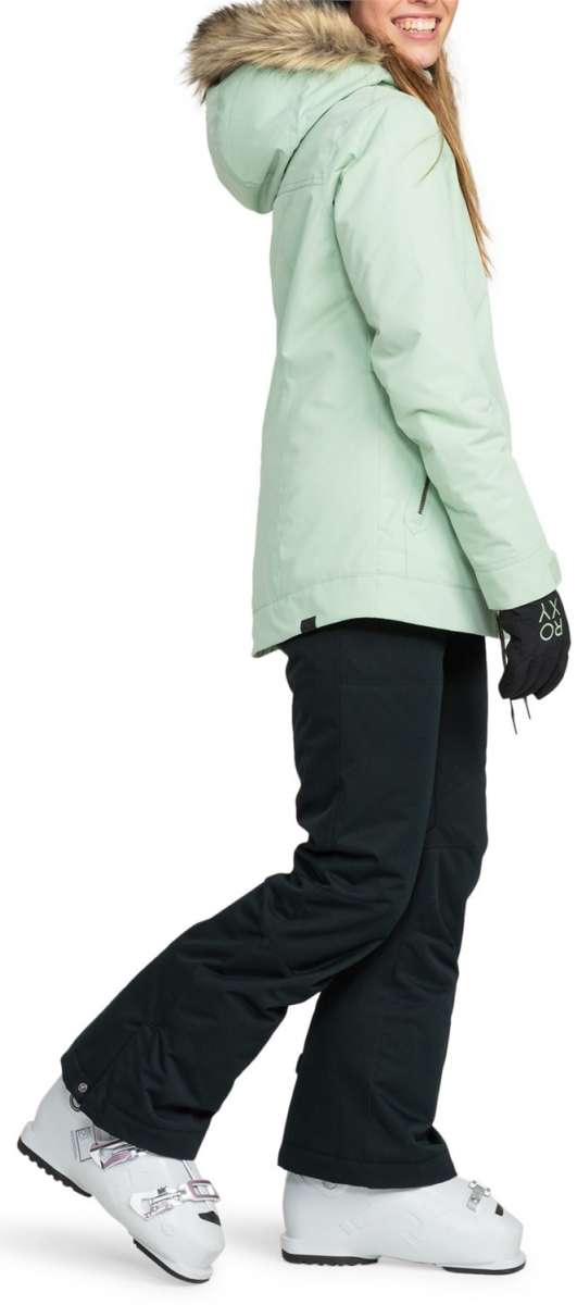 Roxy Women's Meade Insulated Jacket 2024 - A mint green jacket with a fur-lined hood and zippered pockets.