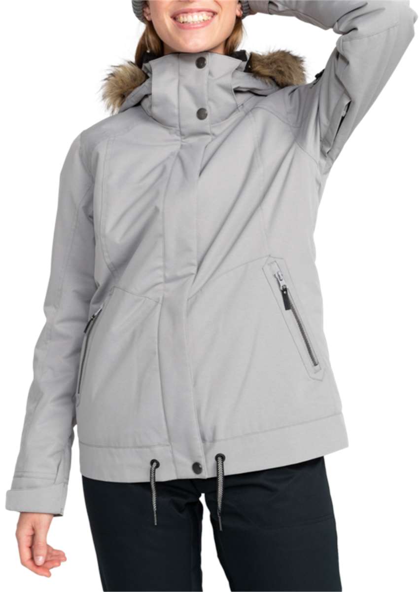 Roxy Women's Meade Insulated Jacket - A light gray jacket with a fur-lined hood and two zippered pockets on either side.
