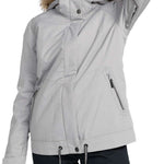 Roxy Women's Meade Insulated Jacket - A light gray jacket with a fur-lined hood and two zippered pockets on either side.