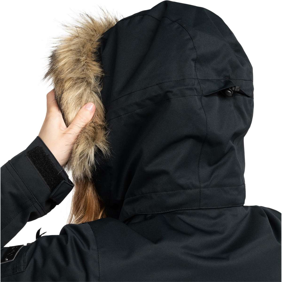 Roxy Women's Meade Insulated Jacket - A black jacket with a fur-lined hood and faux-fur trim on the pockets.