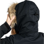 Roxy Women's Meade Insulated Jacket - A black jacket with a fur-lined hood and faux-fur trim on the pockets.