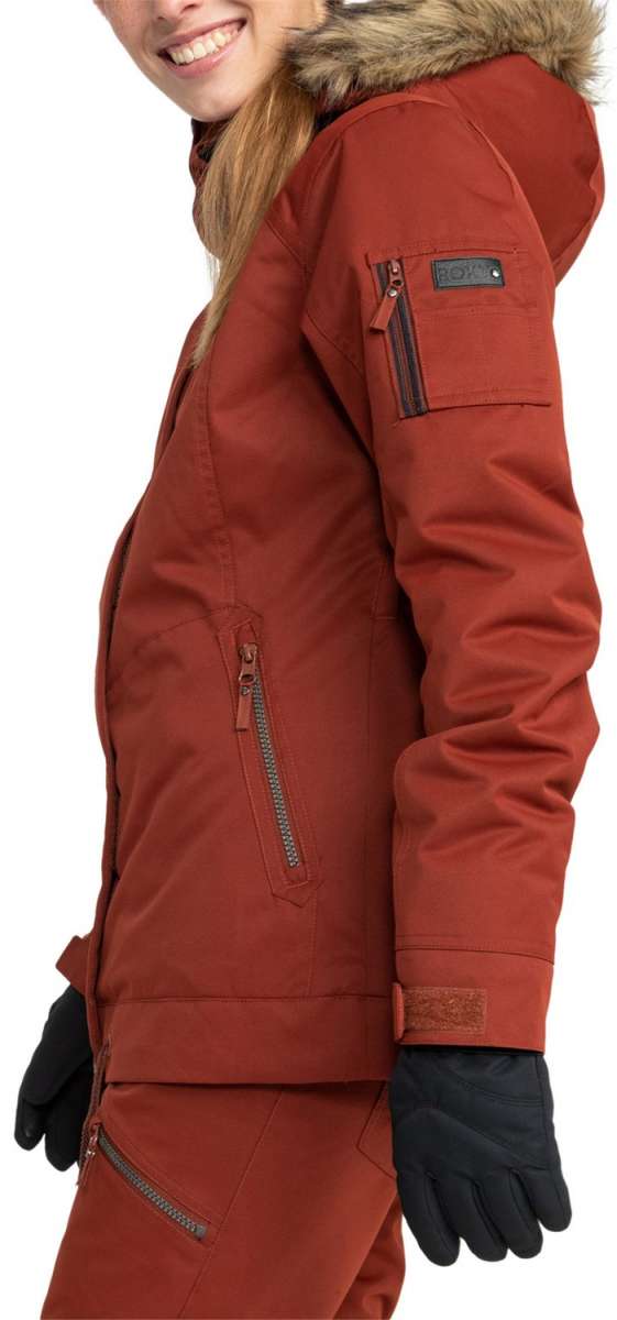 Roxy Women's Meade Insulated Jacket - A rust-colored jacket with a fur-lined hood and black zipper.
