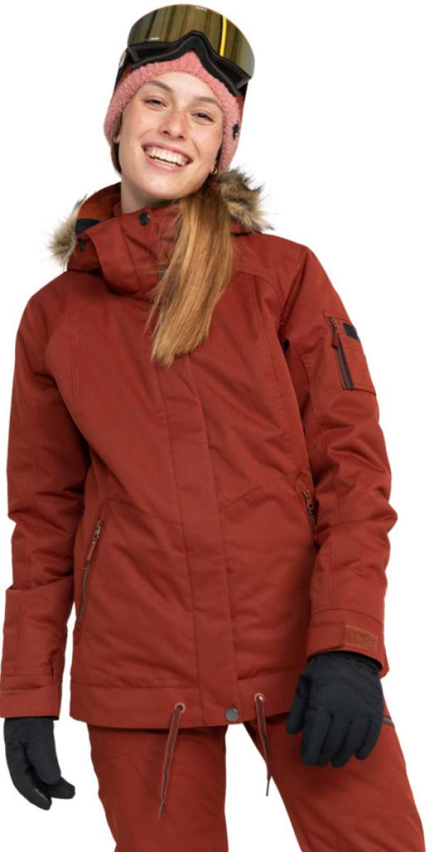 Roxy Women's Meade Insulated Jacket - A rust-colored jacket with a fur-lined hood and black zipper.