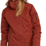 Roxy Women's Meade Insulated Jacket - A rust-colored jacket with a fur-lined hood and black zipper.