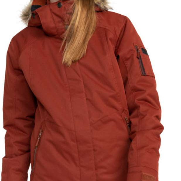 Roxy Women's Meade Insulated Jacket - A rust-colored jacket with a fur-lined hood and black zipper.