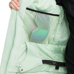 Roxy Women's Meade Insulated Jacket 2024 - A mint green jacket with a zippered chest pocket and two front pockets, featuring a black zipper and silver hardware.