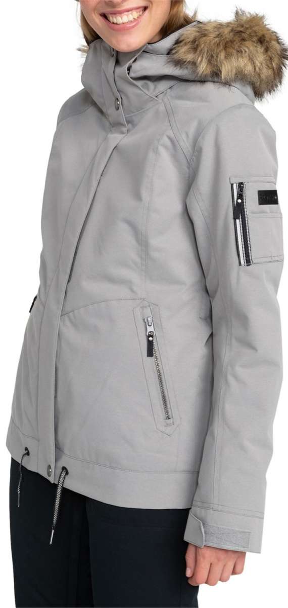 Roxy Women's Meade Insulated Jacket - A light gray jacket with a fur-lined hood and black zipper on the chest pocket.