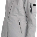 Roxy Women's Meade Insulated Jacket - A light gray jacket with a fur-lined hood and black zipper on the chest pocket.