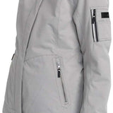 Roxy Women's Meade Insulated Jacket - A light gray jacket with a fur-lined hood and black zipper on the chest pocket.