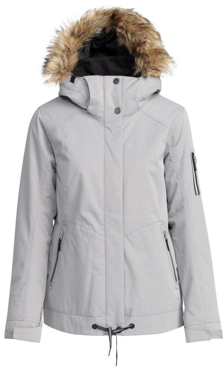 Roxy Women's Meade Insulated Jacket 2024 - A light gray jacket with a fur-lined hood and two zippered pockets on either side.