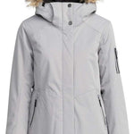 Roxy Women's Meade Insulated Jacket 2024 - A light gray jacket with a fur-lined hood and two zippered pockets on either side.