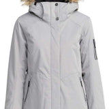 Roxy Women's Meade Insulated Jacket 2024 - A light gray jacket with a fur-lined hood and two zippered pockets on either side.