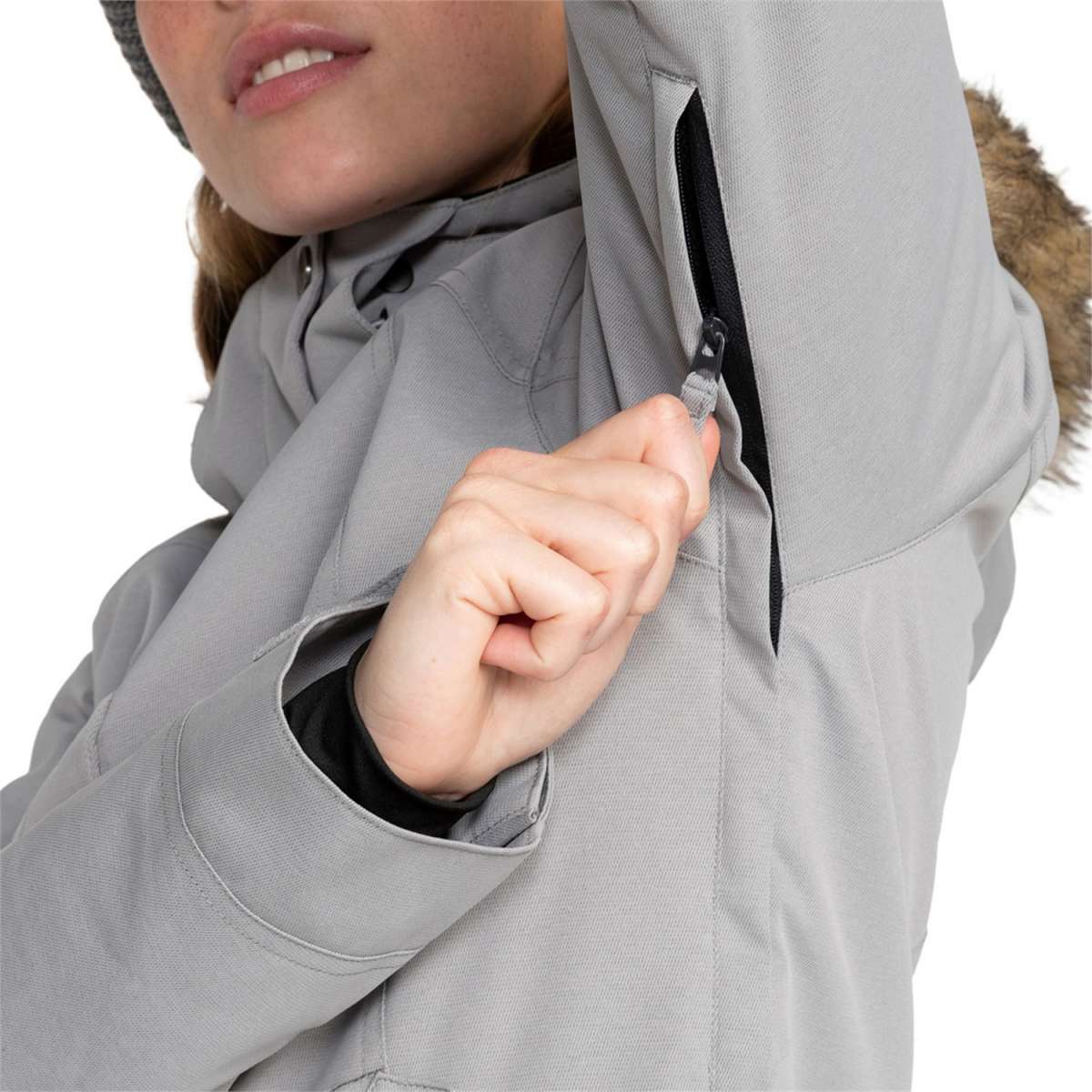 Roxy Women's Meade Insulated Jacket - A light gray jacket with a fur-lined hood and black zipper.