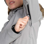 Roxy Women's Meade Insulated Jacket - A light gray jacket with a fur-lined hood and black zipper.