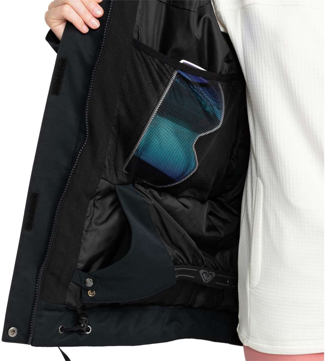 Roxy Women's Meade Insulated Jacket - A black insulated jacket with a blue logo on the left chest and a white tag on the right side of the waist.