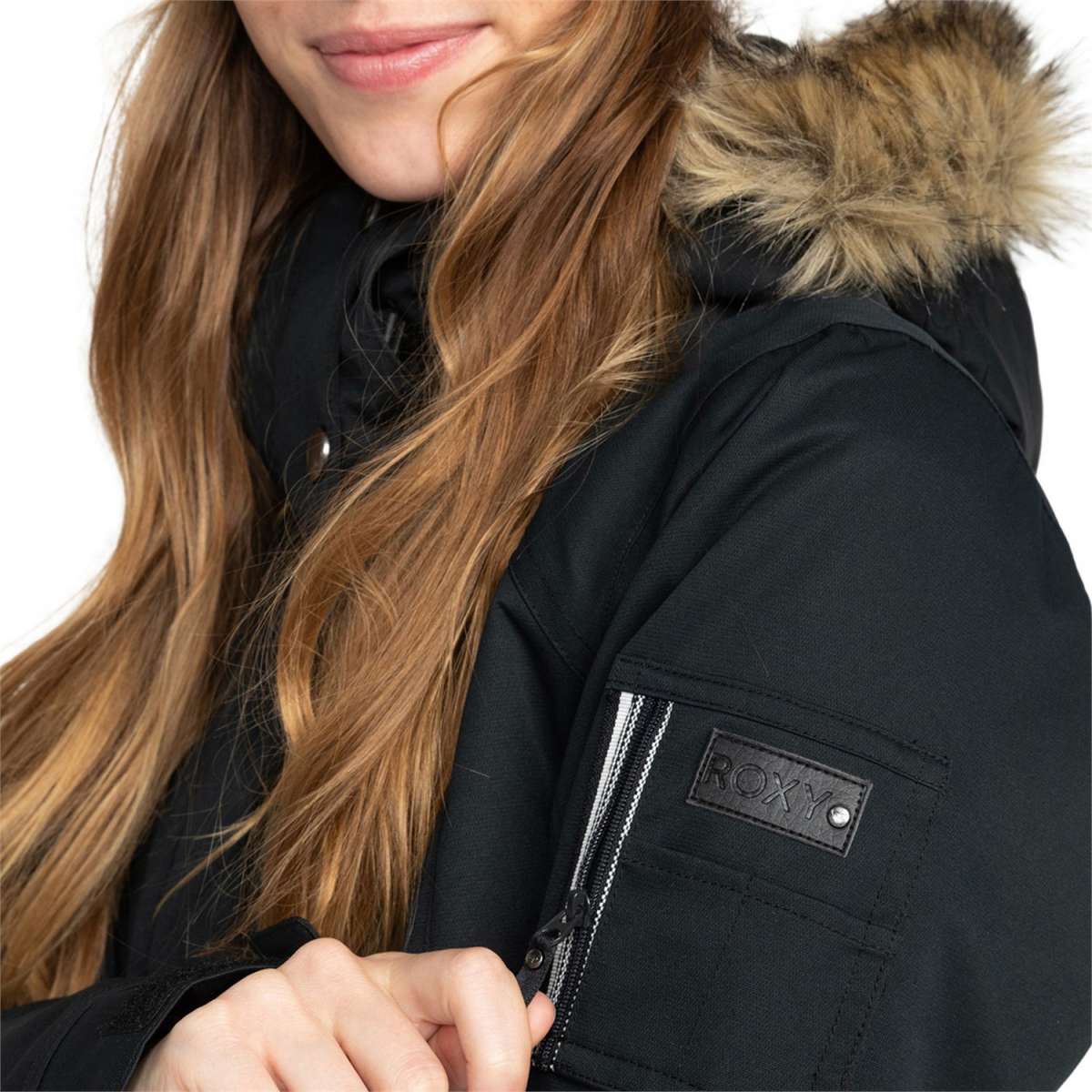 Roxy Women's Meade Insulated Jacket - A black insulated jacket with a fur-lined hood and silver snap buttons.