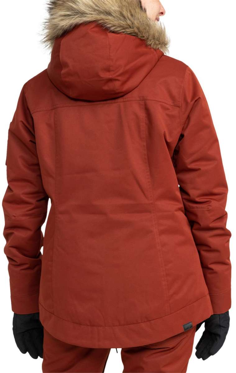 Roxy Women's Meade Insulated Jacket - A rust-colored jacket with a fur-lined hood and zippered pockets.