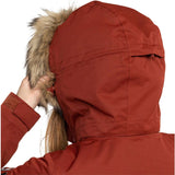 Roxy Women's Meade Insulated Jacket - A rust-colored jacket with a fur-lined hood and zippered pockets.