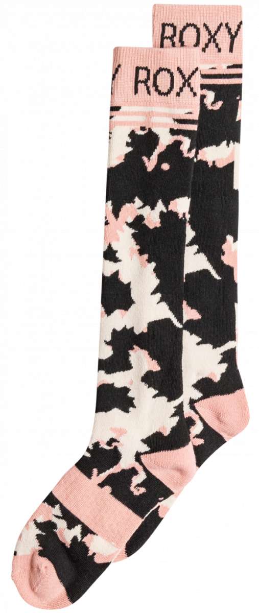 Roxy Women's Misty Sock 2023 - Pink socks with a repeating pattern of white snowflakes and trees.