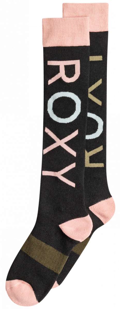 Roxy Women's Misty Sock 2023 - A pair of black socks with a pink heel and toe, featuring the word "ROXY" in large letters on one sock.