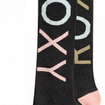 Roxy Women's Misty Sock 2023 - A pair of black socks with a pink heel and toe, featuring the word "ROXY" in large letters on one sock.