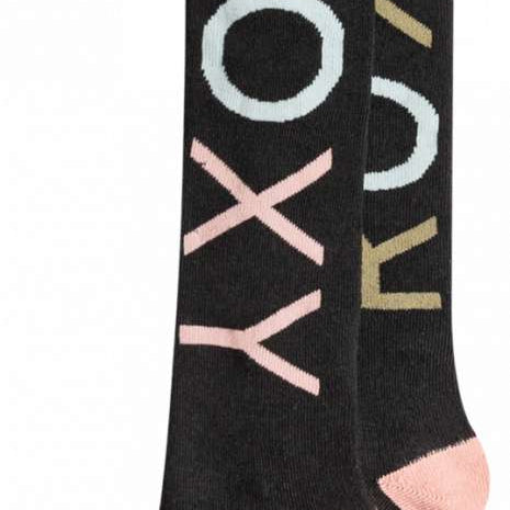 Roxy Women's Misty Sock 2023 - A pair of black socks with a pink heel and toe, featuring the word "ROXY" in large letters on one sock.