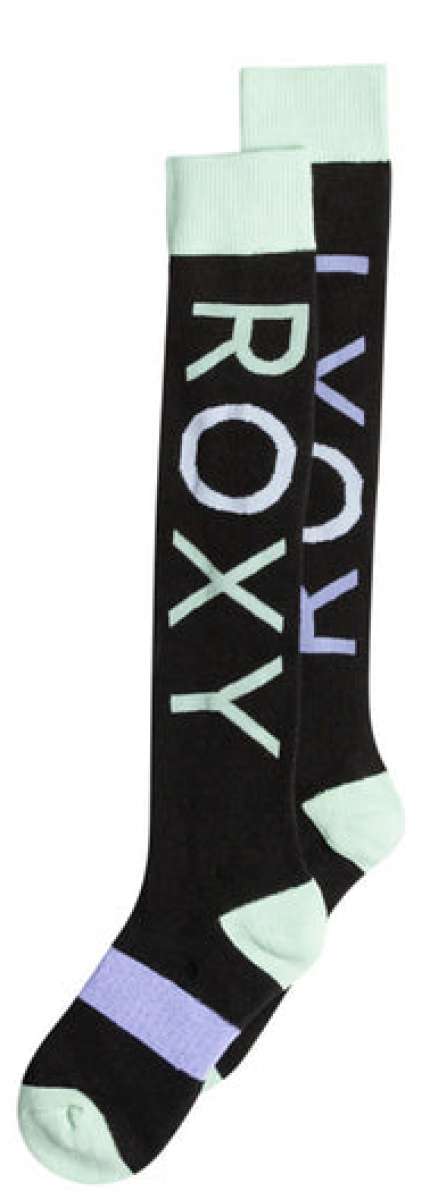 Roxy Women's Misty Sock 2024 - Black socks with light purple accents and a repeating geometric pattern.