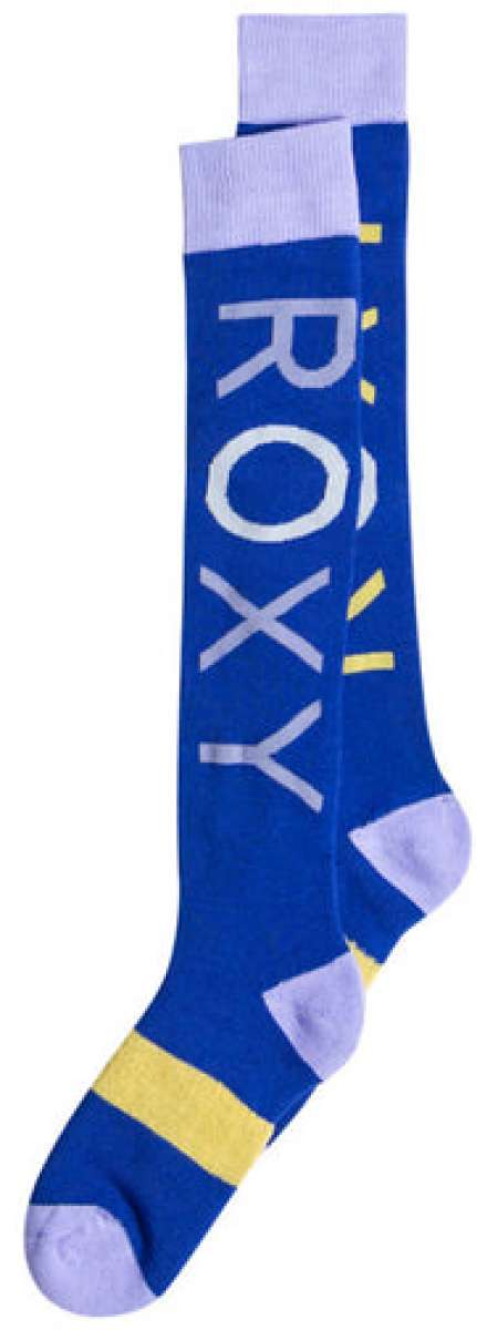 Roxy Women's Misty Sock 2024 - Royal blue socks with a white ROXY logo on top of each foot.