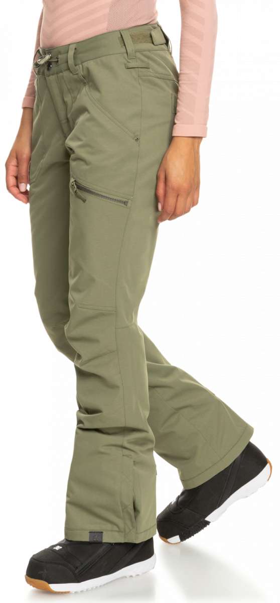 Roxy Women's Nadia Insulated Pant 2023 - A pair of olive green insulated ski pants with zippered pockets and a belt loop on the waistband.