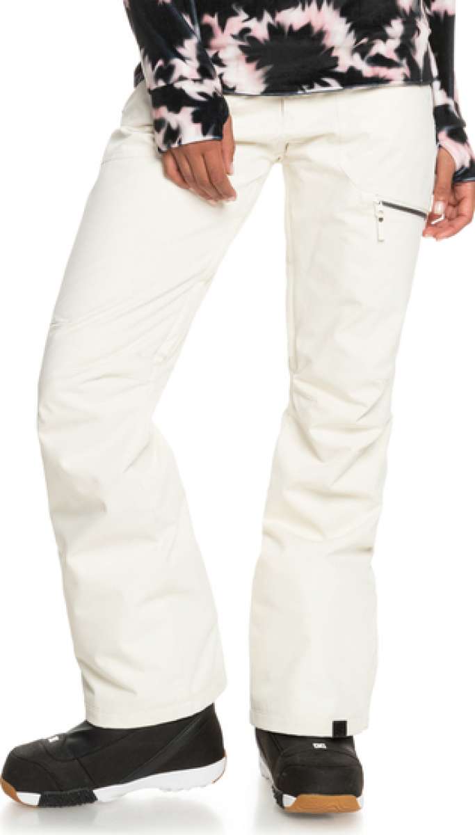 Roxy Women's Nadia Insulated Pant 2023 - A pair of white snow pants with a black stripe on the side pocket.