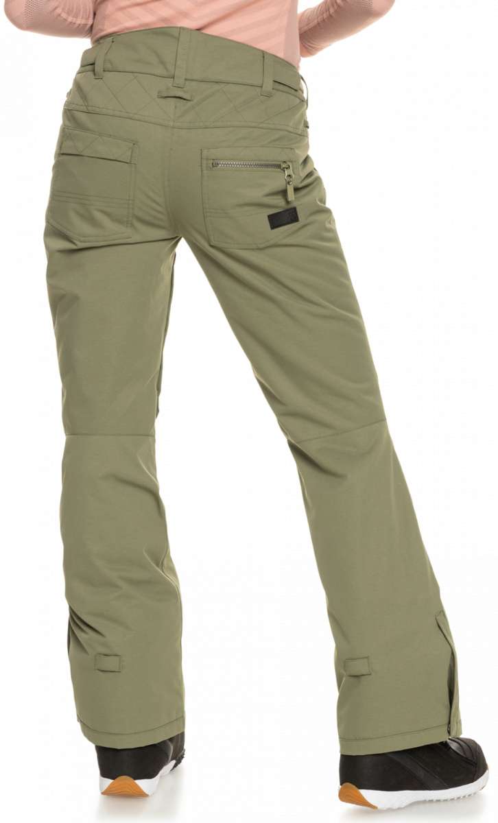 Roxy Women's Nadia Insulated Pant 2023 - A pair of olive green snow pants with a zippered pocket on the back right side.