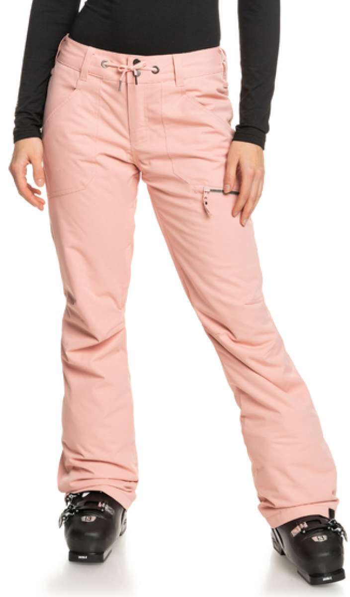 Roxy Women's Nadia Insulated Pant - A pair of light pink snow pants with a zippered pocket on the right thigh and silver hardware.