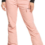 Roxy Women's Nadia Insulated Pant - A pair of light pink snow pants with a zippered pocket on the right thigh and silver hardware.