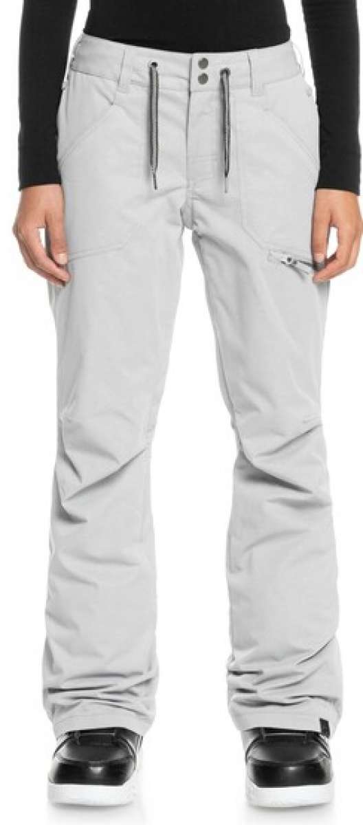 Roxy Women's Nadia Insulated Pant 2023 - A pair of light gray snow pants with a zippered pocket on the right thigh and two zippered pockets at the waist.