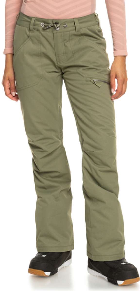 Roxy Women's Nadia Insulated Pant 2023 - A pair of olive green snow pants with a zippered pocket on the thigh and a drawstring waistband.