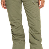 Roxy Women's Nadia Insulated Pant 2023 - A pair of olive green snow pants with a zippered pocket on the thigh and a drawstring waistband.