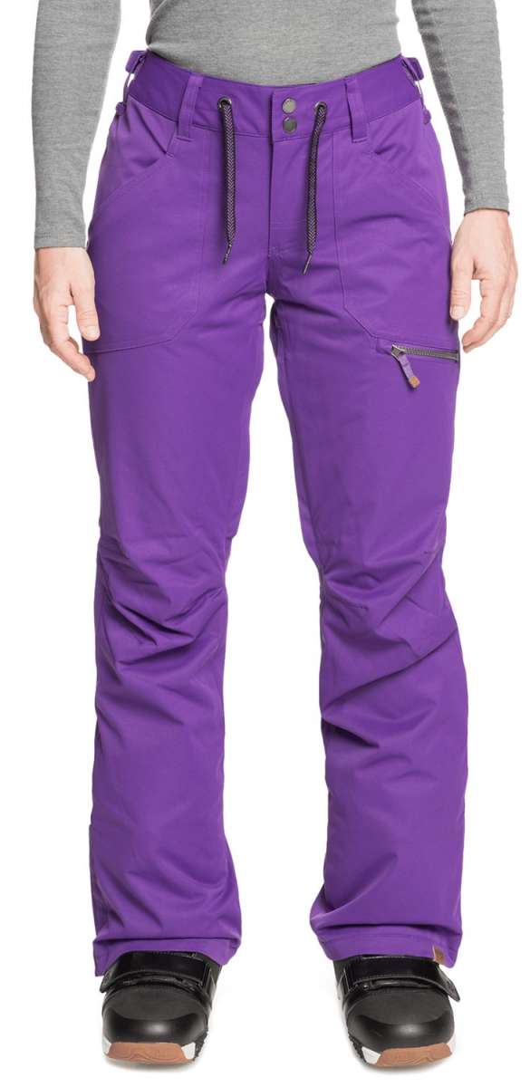 Roxy Women's Nadia Insulated Pants 2022 - A pair of purple snow pants with a zippered pocket on the thigh and black drawstrings at the waist.