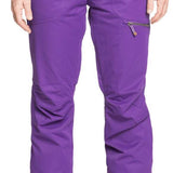 Roxy Women's Nadia Insulated Pants 2022 - A pair of purple snow pants with a zippered pocket on the thigh and black drawstrings at the waist.