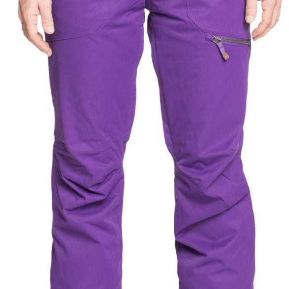Roxy Women's Nadia Insulated Pants 2022 - A pair of purple snow pants with a zippered pocket on the thigh and black drawstrings at the waist.