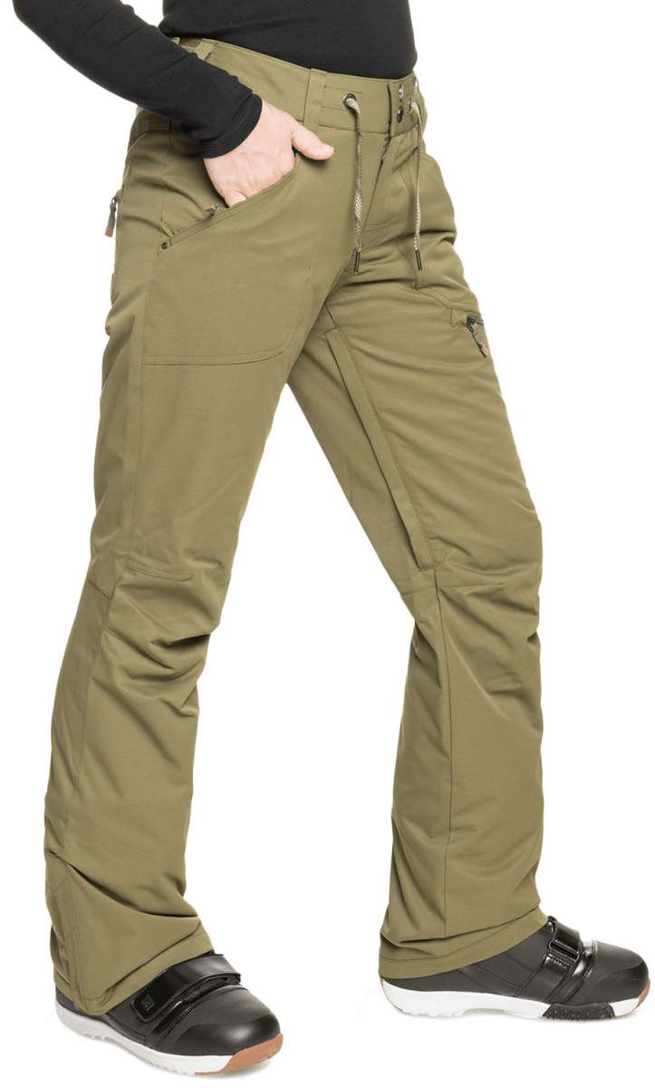 Roxy Women's Nadia Insulated Pants 2022 - A pair of khaki-colored snow pants with zippered pockets and a drawstring waistband.