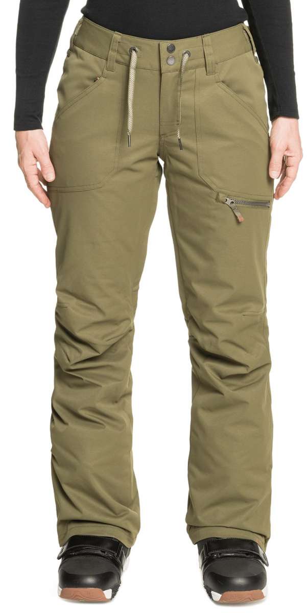 Roxy Women's Nadia Insulated Pants 2022 - Olive green insulated pants with zippered pockets and a drawstring waistband.