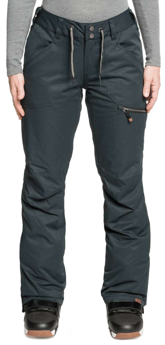 Roxy Women's Nadia Insulated Pants 2022 - Dark gray pants with zippered pocket on right thigh and drawstring waistband.