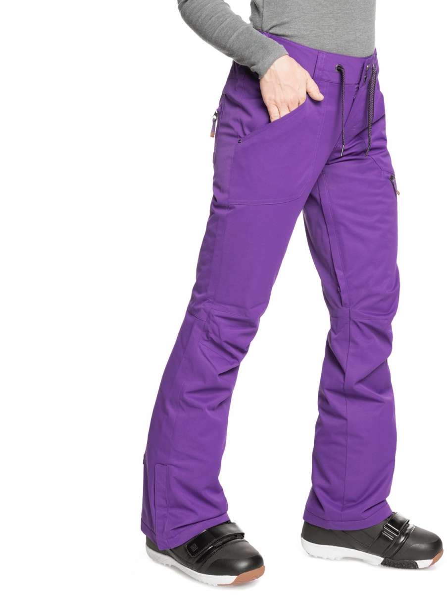Roxy Women's Nadia Insulated Pants 2022 - A pair of purple snow pants with a zippered pocket on the right thigh and a drawstring at the waist.